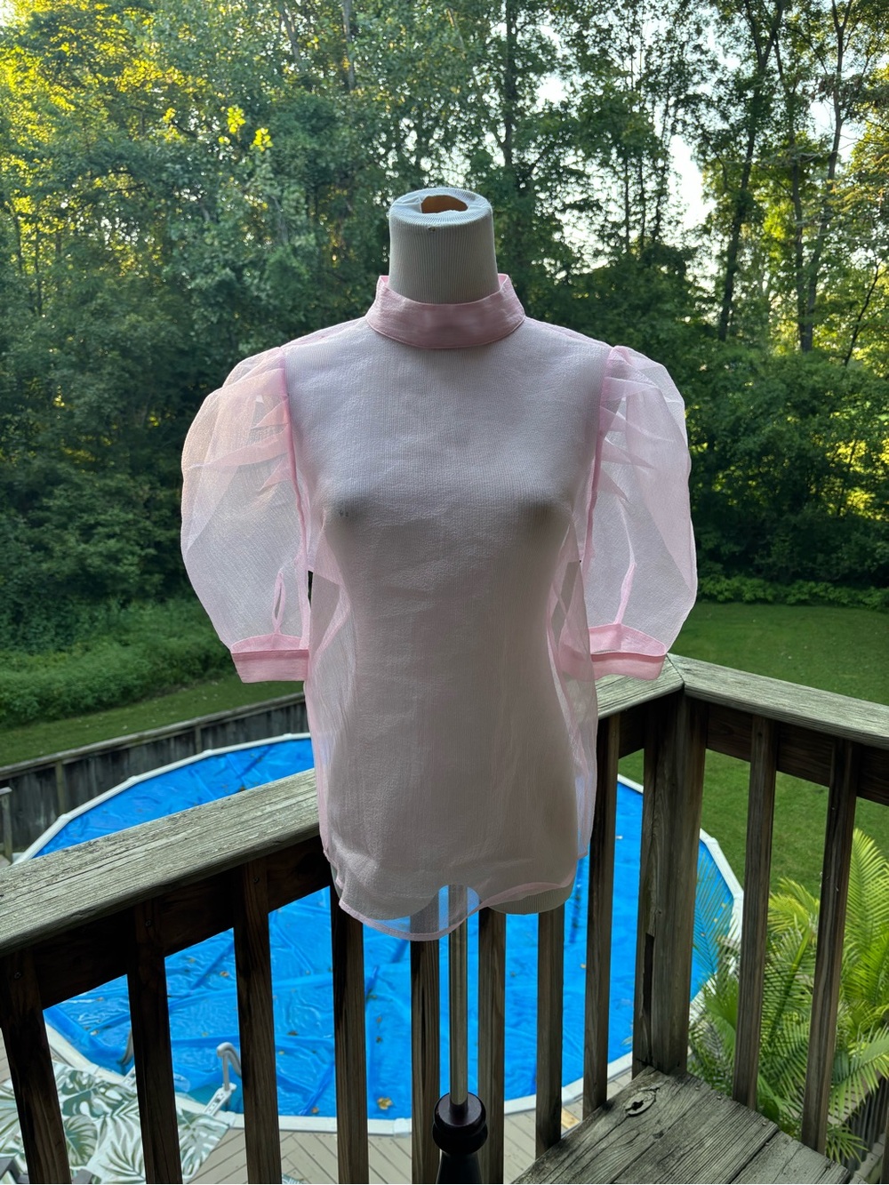 H&M Light Pink Sheer Puff Sleeve Mock Neck Blouse